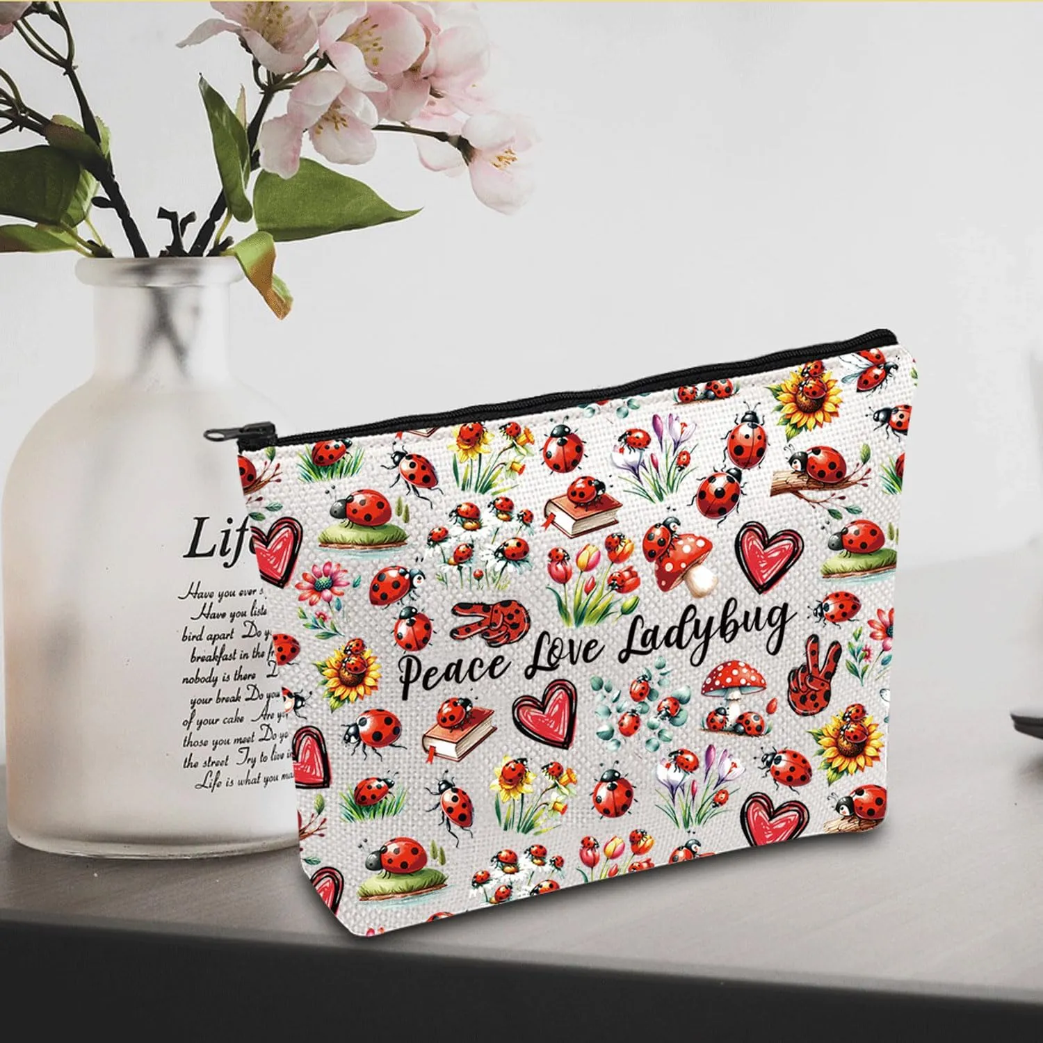 JXGZSO Good Luck Ladybug Symbol Makeup Bag With Zipper Gifts For Women Peace Love Ladybug Cosmetic Bag (Peace Love Ladybug Makeup Bag)