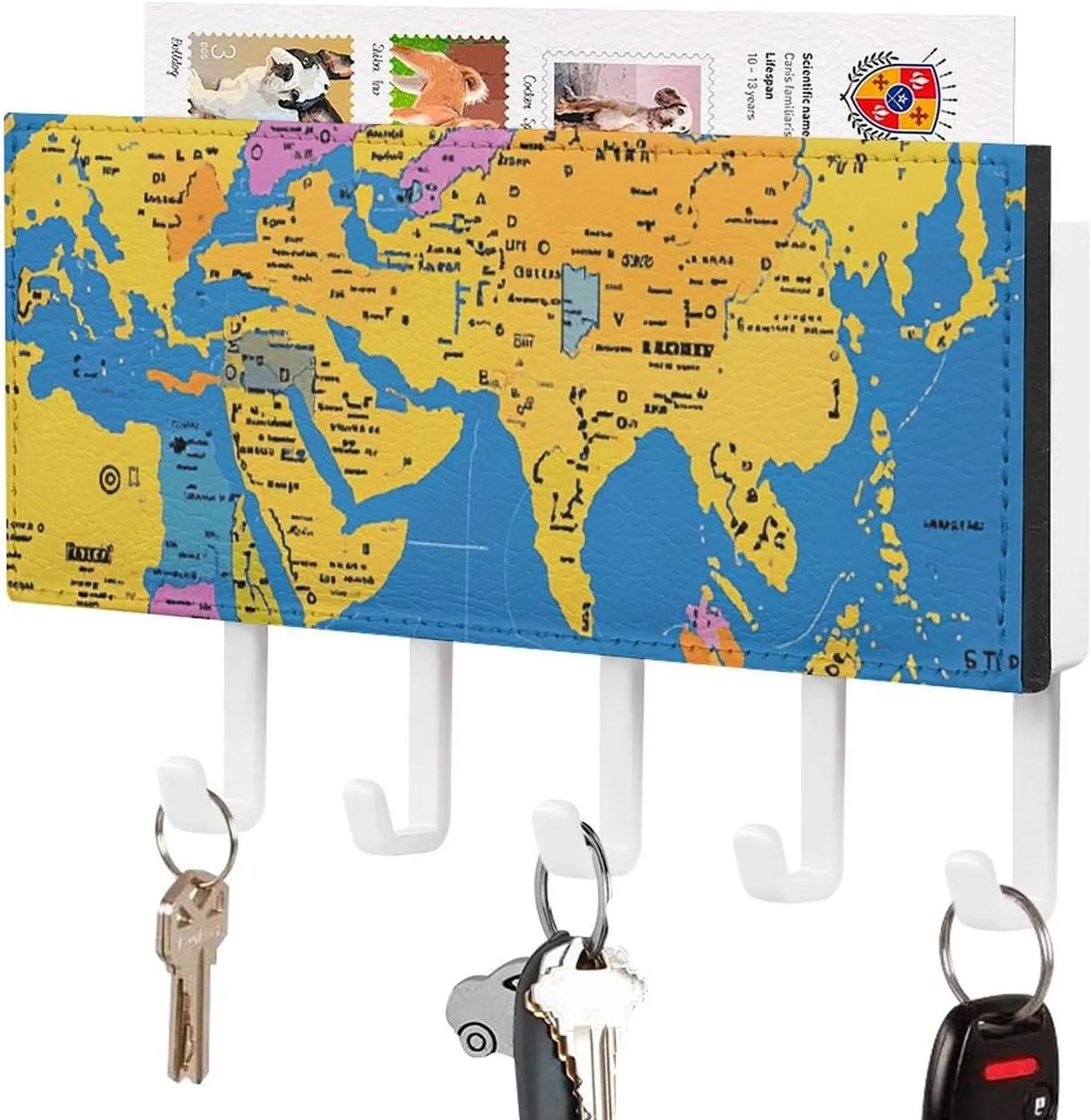 Key Holder for Wall, World Geography Map Wall Mounted Key Hooks, Masks, Bags Self-Adhesive Durable Plastic & Leather Design, Decorative Entryway & Bathroom