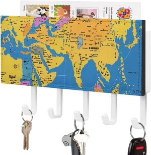 Key Holder for Wall, World Geography Map Wall Mounted Key Hooks, Masks, Bags Self-Adhesive Durable Plastic & Leather Design, Decorative Entryway & Bathroom