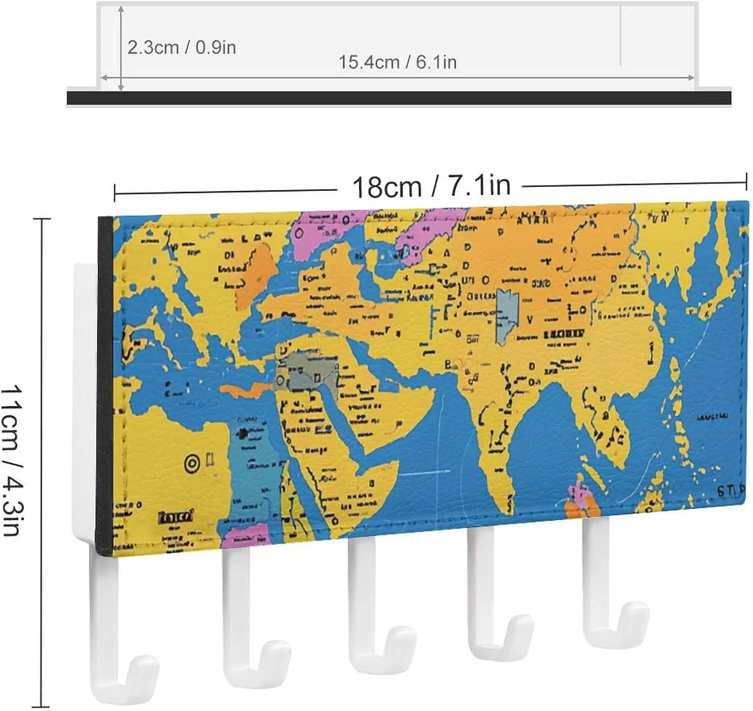 Key Holder for Wall, World Geography Map Wall Mounted Key Hooks, Masks, Bags Self-Adhesive Durable Plastic & Leather Design, Decorative Entryway & Bathroom