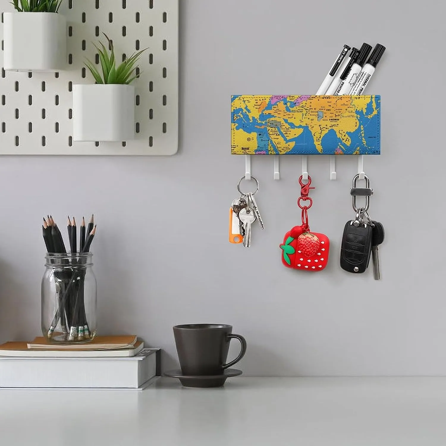 Key Holder for Wall, World Geography Map Wall Mounted Key Hooks, Masks, Bags Self-Adhesive Durable Plastic & Leather Design, Decorative Entryway & Bathroom