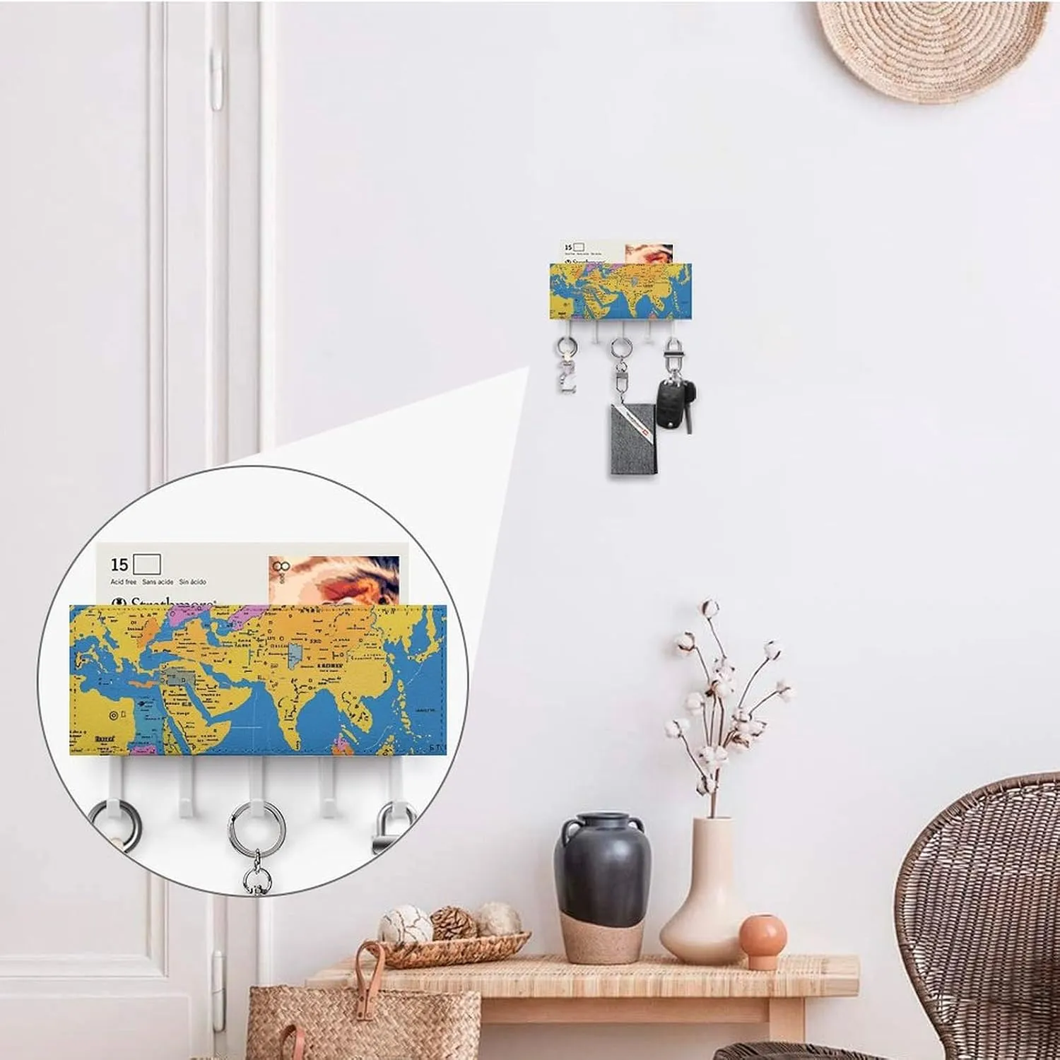 Key Holder for Wall, World Geography Map Wall Mounted Key Hooks, Masks, Bags Self-Adhesive Durable Plastic & Leather Design, Decorative Entryway & Bathroom