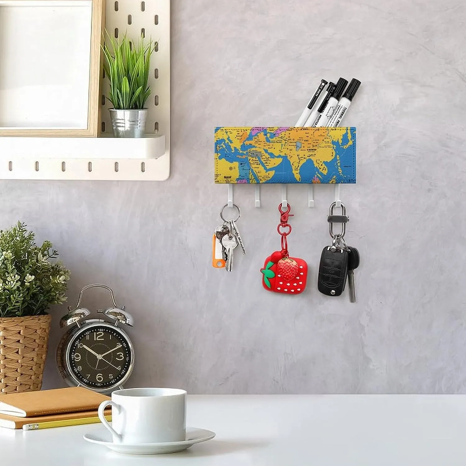 Key Holder for Wall, World Geography Map Wall Mounted Key Hooks, Masks, Bags Self-Adhesive Durable Plastic & Leather Design, Decorative Entryway & Bathroom