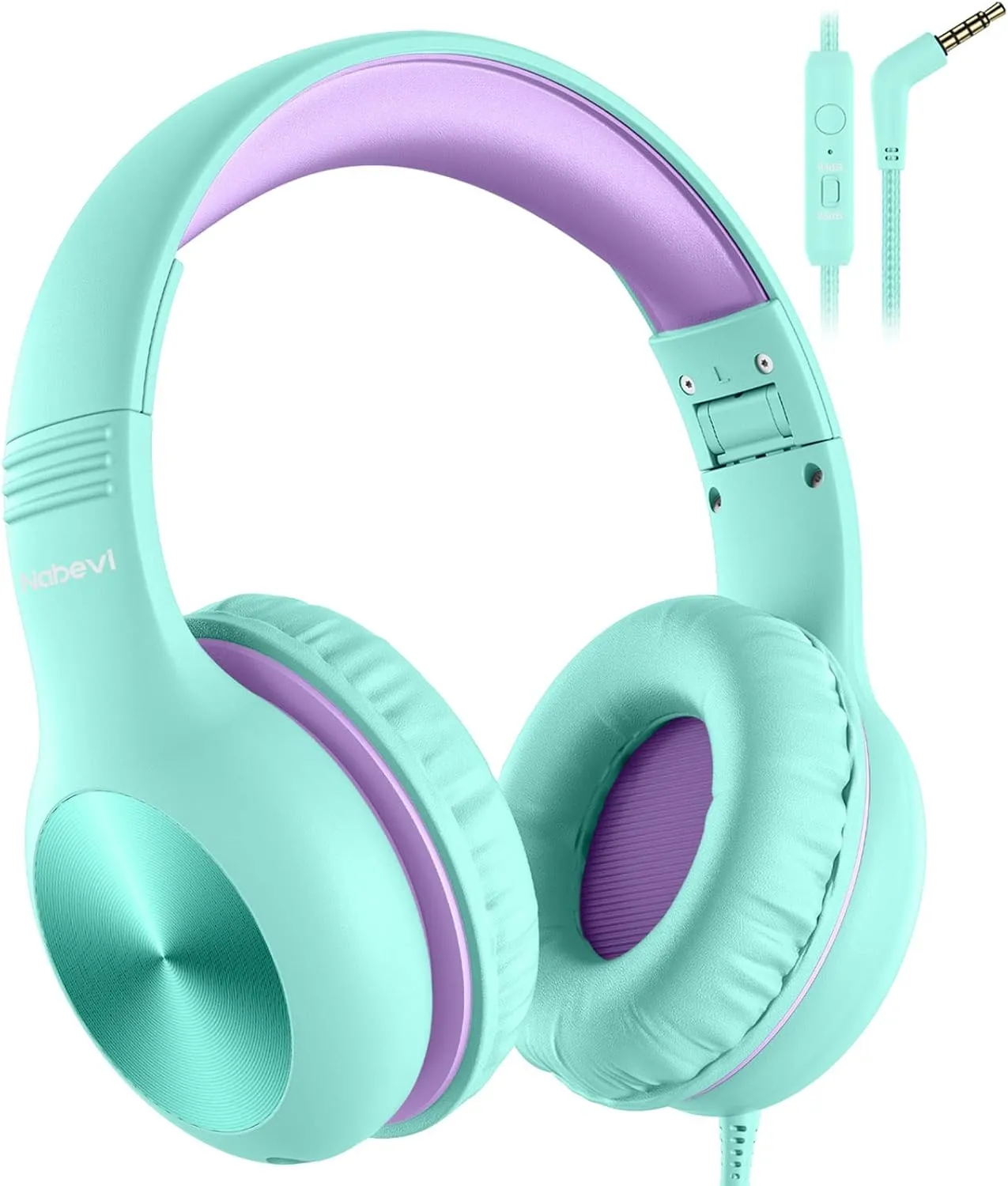 Kids Headphones with Microphone, Over-Ear Headphones for Kids with Sharing Function, 85dB/94dB Safe Volume Limit, Wired Headphone for Children, Kid Headset for School, Tablet, Travel, Green