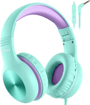 Kids Headphones with Microphone, Over-Ear Headphones for Kids with Sharing Function, 85dB/94dB Safe Volume Limit, Wired Headphone for Children, Kid Headset for School, Tablet, Travel, Green