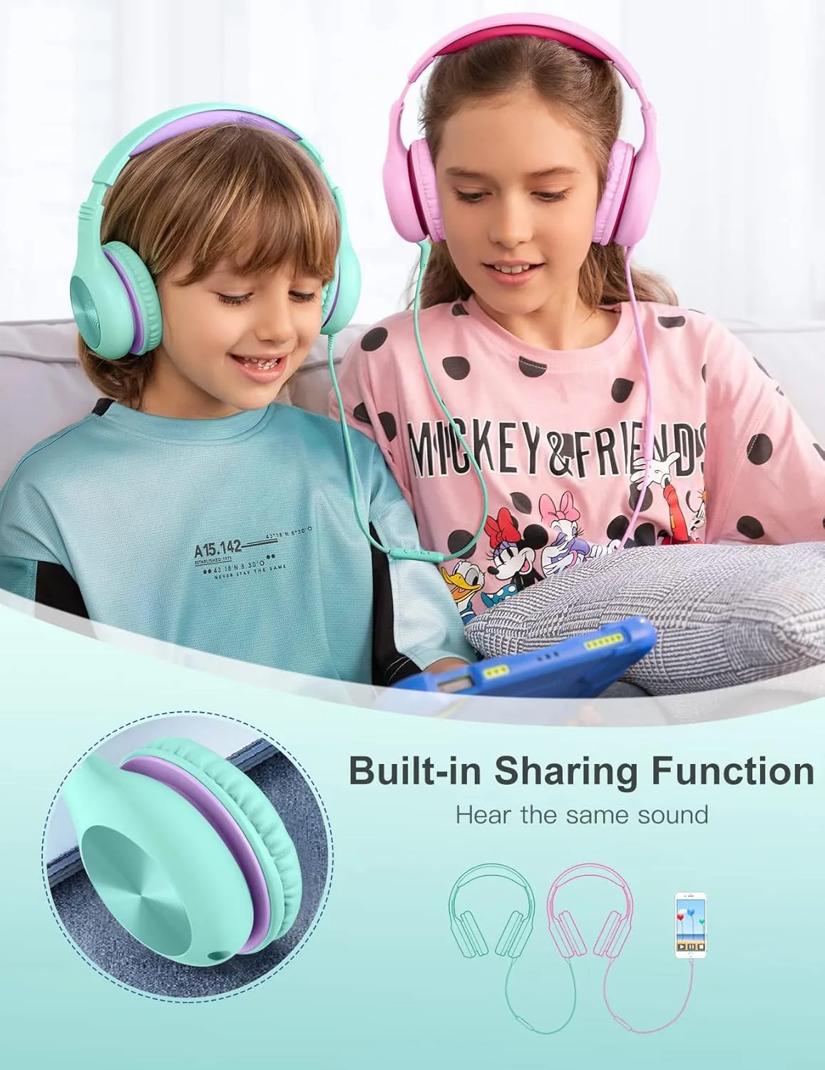 Kids Headphones with Microphone, Over-Ear Headphones for Kids with Sharing Function, 85dB/94dB Safe Volume Limit, Wired Headphone for Children, Kid Headset for School, Tablet, Travel, Green