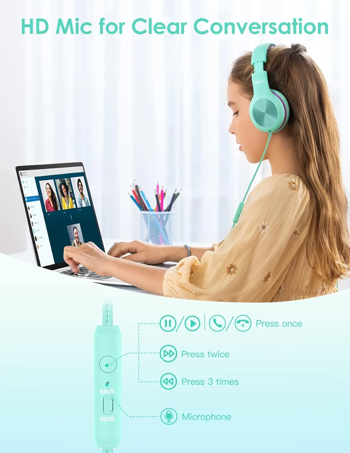 Kids Headphones with Microphone, Over-Ear Headphones for Kids with Sharing Function, 85dB/94dB Safe Volume Limit, Wired Headphone for Children, Kid Headset for School, Tablet, Travel, Green