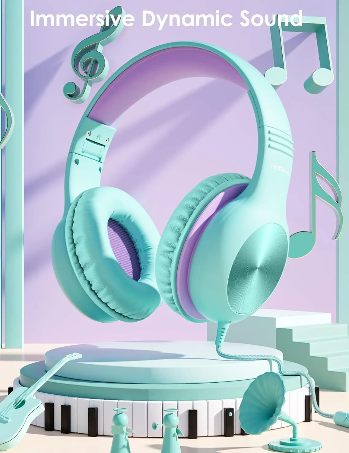 Kids Headphones with Microphone, Over-Ear Headphones for Kids with Sharing Function, 85dB/94dB Safe Volume Limit, Wired Headphone for Children, Kid Headset for School, Tablet, Travel, Green