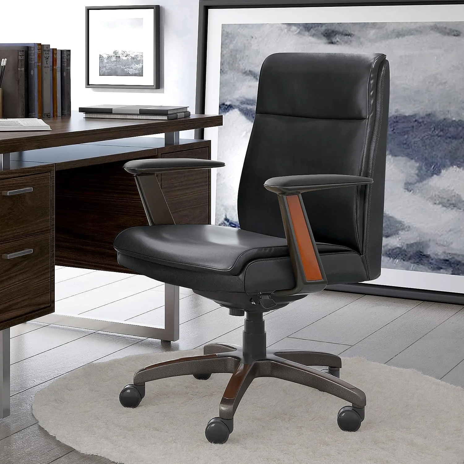 La-Z-Boy Dawson Modern Executive Office, Adjustable High Back Ergonomic Computer Chair with Lumbar Support, Black Bonded Leather with Wood Inlay