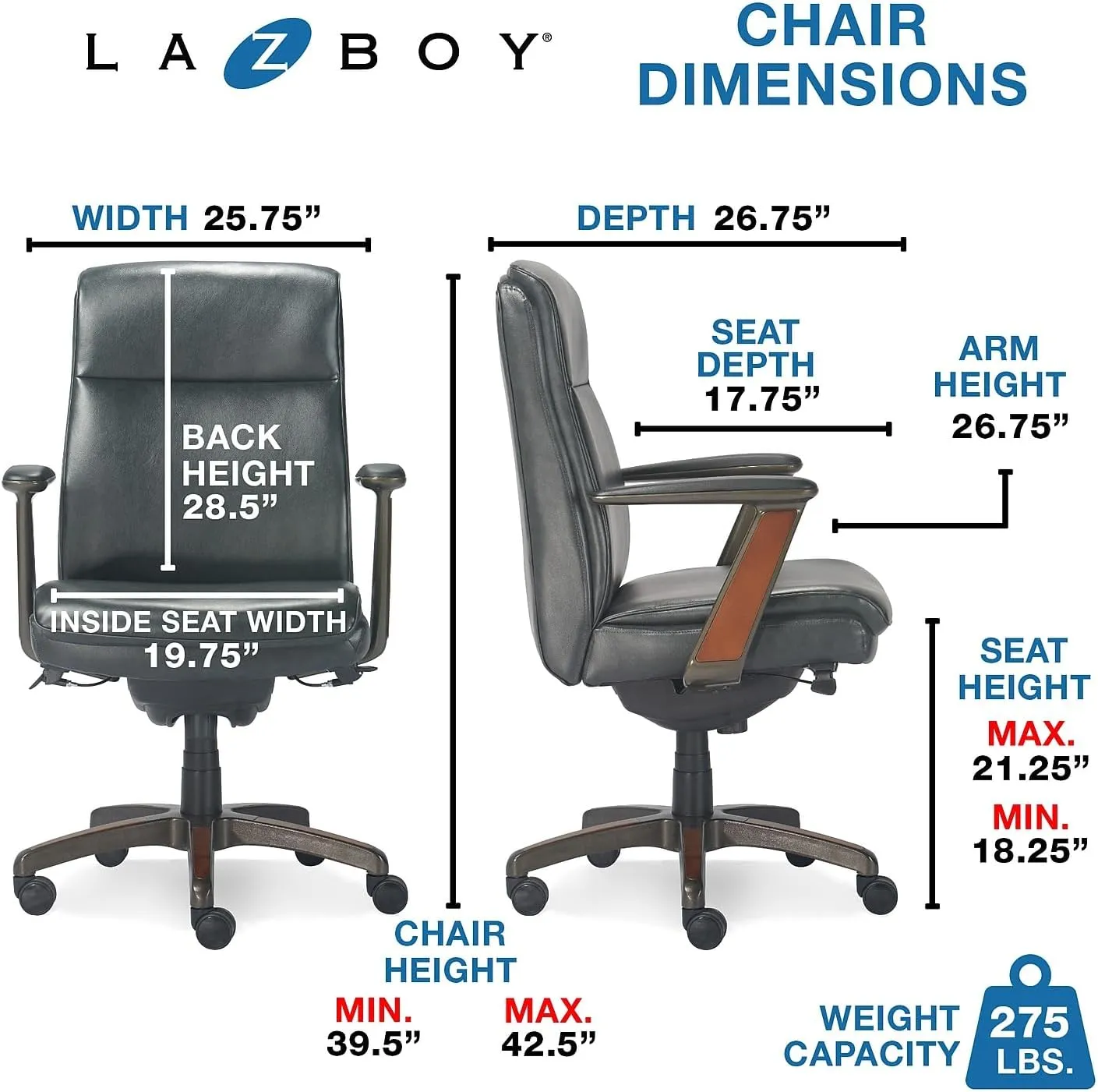 La-Z-Boy Dawson Modern Executive Office, Adjustable High Back Ergonomic Computer Chair with Lumbar Support, Black Bonded Leather with Wood Inlay