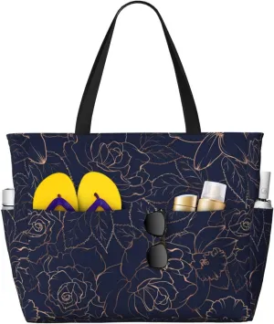 Large Beach Tote Bag for Women Extra Large Capacity Waterproof Sandproof Pool Bag Suitable for Swimming Pool Gym Groceries Travel - Copper-Gold Gloss Outline Navy Dark Blue