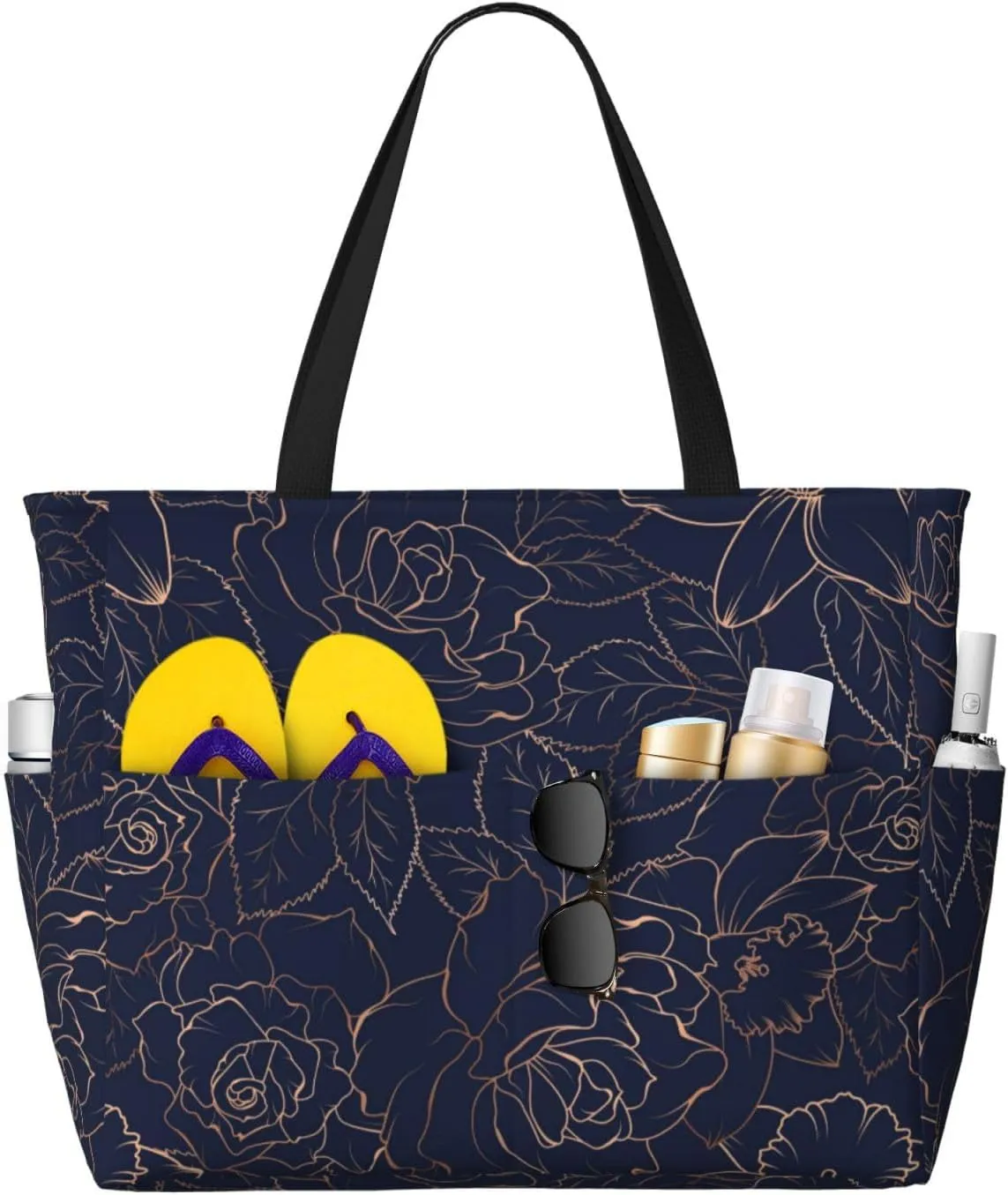 Large Beach Tote Bag for Women Extra Large Capacity Waterproof Sandproof Pool Bag Suitable for Swimming Pool Gym Groceries Travel - Copper-Gold Gloss Outline Navy Dark Blue