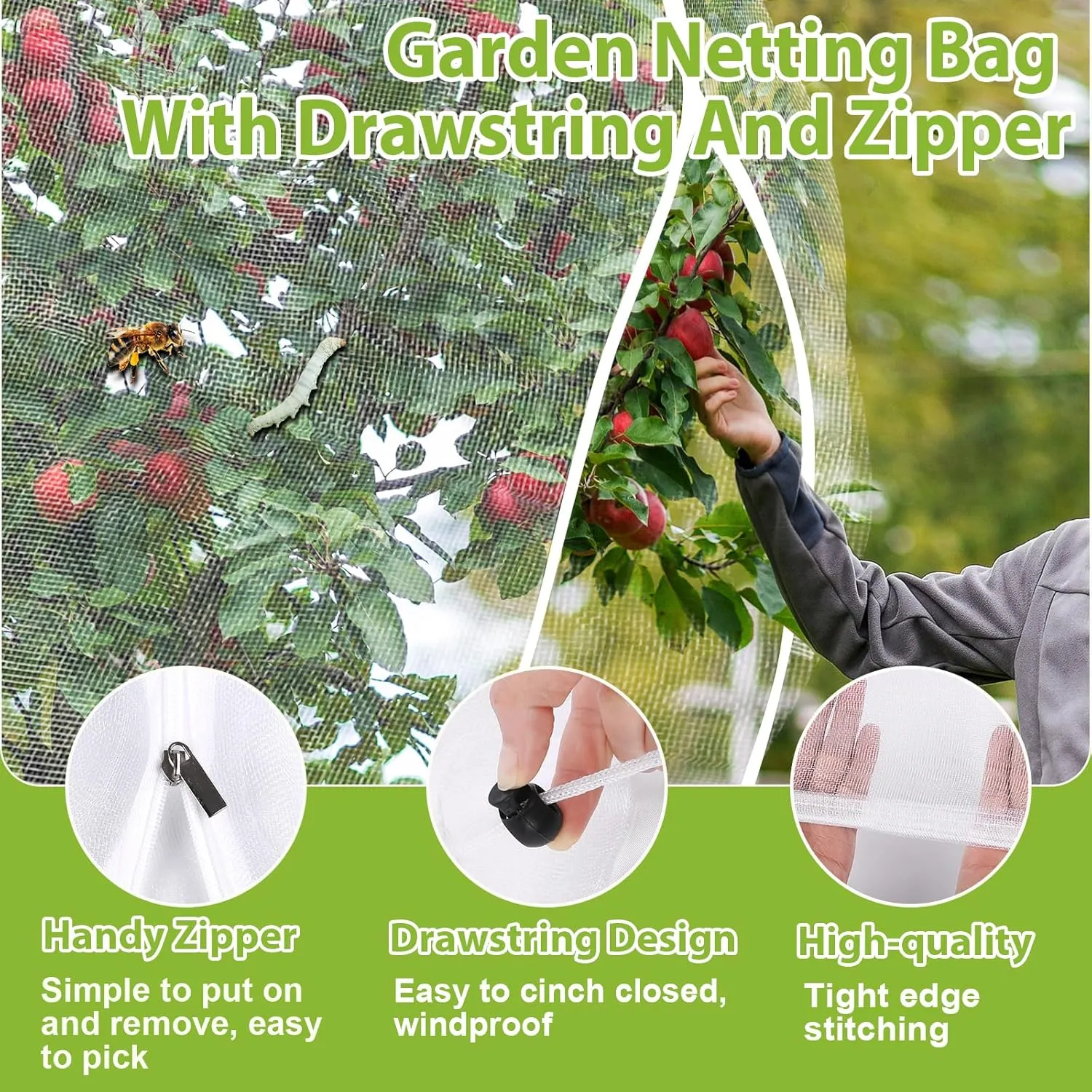 Large Fruit Tree Netting with Drawstring and Zipper, 10 * 10FT Garden Netting for Garden Protection, Insect Bird Netting for Fruit Trees, Protection from Anti Birds, Bugs,Cicadas, Insects
