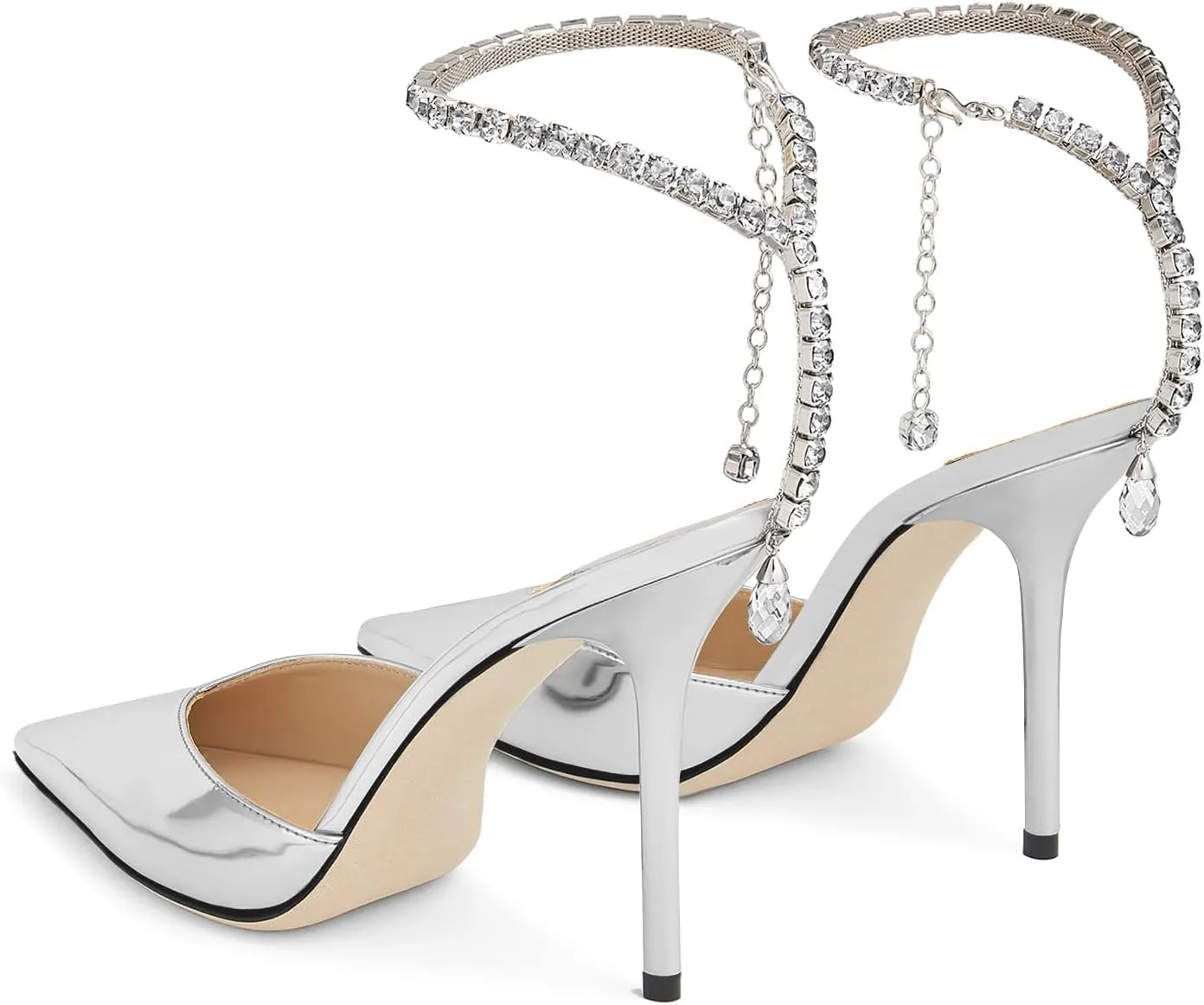 LauraVicci Women's Heeled Sandals Crystal Chain Ankle Straps Rhinestones Embellished Liquid-Metal Leather Stiletto High Heels Slip On Wedding Party Dress Shoes