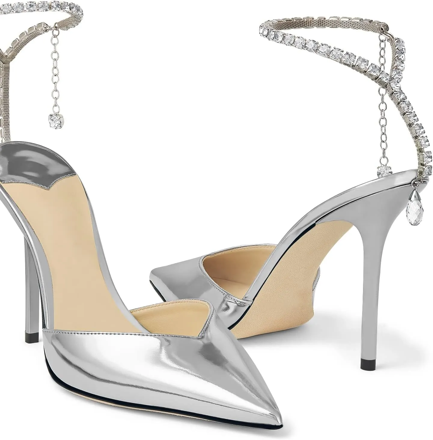 LauraVicci Women's Heeled Sandals Crystal Chain Ankle Straps Rhinestones Embellished Liquid-Metal Leather Stiletto High Heels Slip On Wedding Party Dress Shoes