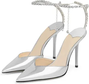 LauraVicci Women's Heeled Sandals Crystal Chain Ankle Straps Rhinestones Embellished Liquid-Metal Leather Stiletto High Heels Slip On Wedding Party Dress Shoes