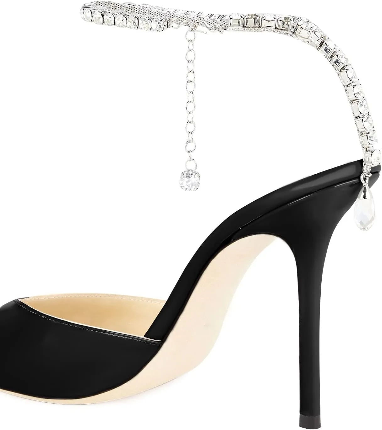 LauraVicci Women's Heeled Sandals Crystal Chain Ankle Straps Rhinestones Embellished Liquid-Metal Leather Stiletto High Heels Slip On Wedding Party Dress Shoes