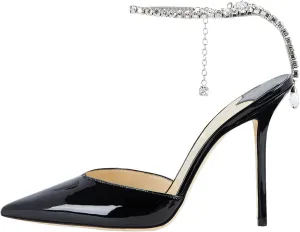 LauraVicci Women's Heeled Sandals Crystal Chain Ankle Straps Rhinestones Embellished Liquid-Metal Leather Stiletto High Heels Slip On Wedding Party Dress Shoes