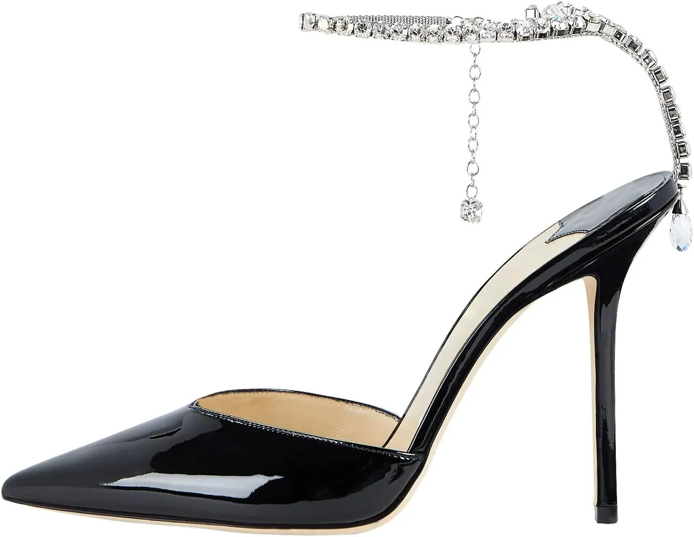 LauraVicci Women's Heeled Sandals Crystal Chain Ankle Straps Rhinestones Embellished Liquid-Metal Leather Stiletto High Heels Slip On Wedding Party Dress Shoes