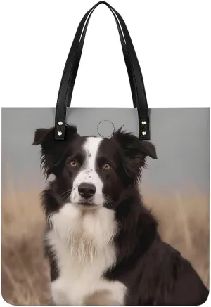 Leather Handbag Waterproof Shoulder Bag Border Collie Tote Purses Large Travel Tote Bags for Women, White