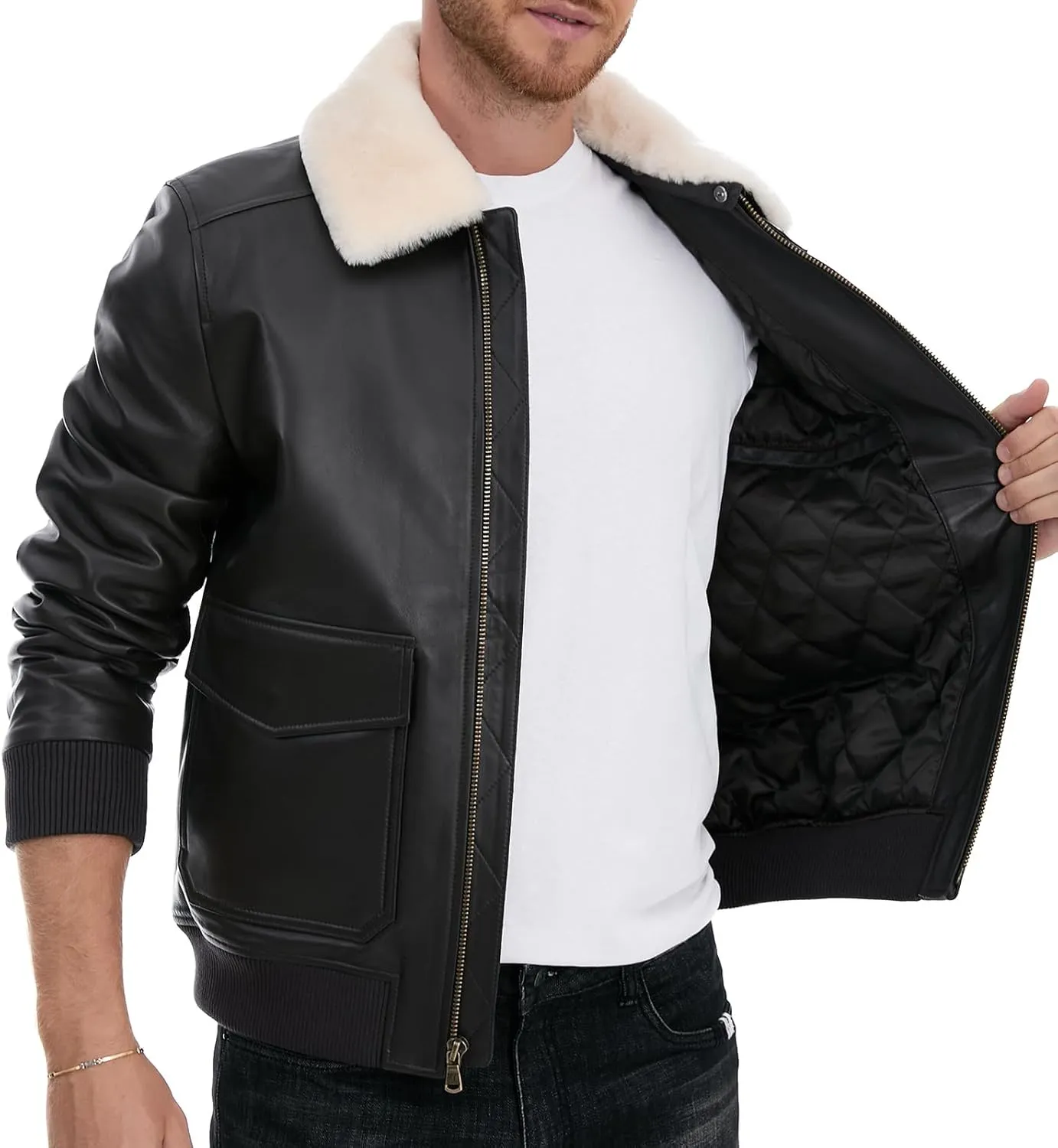 Leather Jacket Men,Lambskin Bomber Jacket with Removable Real Fur Collar,Front Zip Closure, Multiple Pockets
