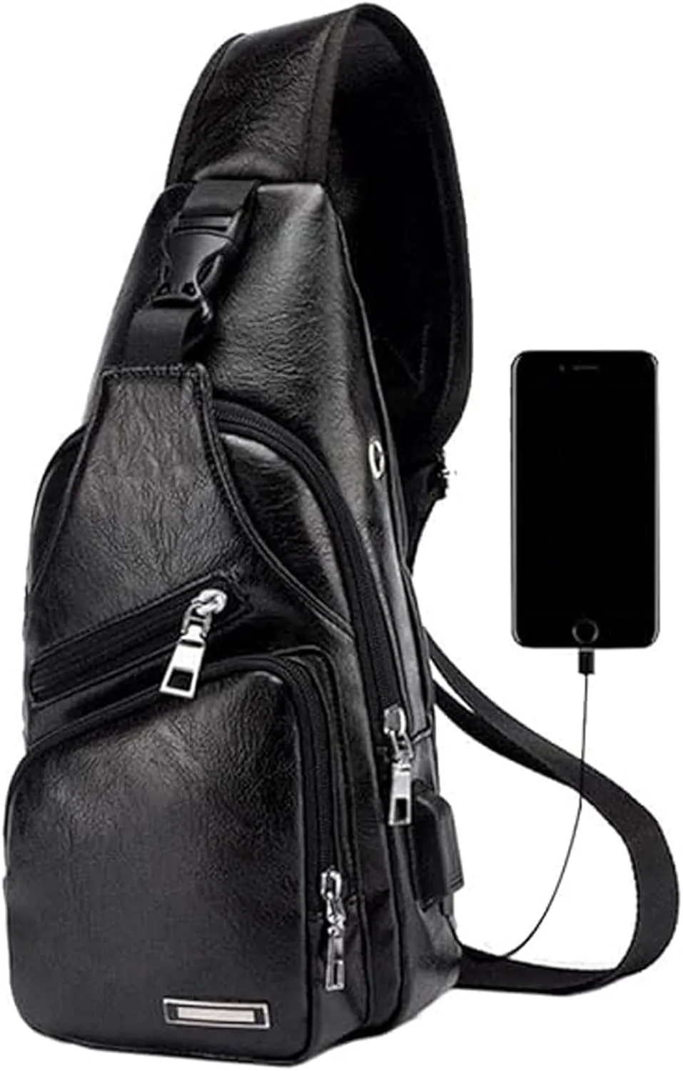 Leather Sling Bag for Men and Women, Waterproof Crossbody Chest Bag with USB Charging Port, Lightweight Daypack for Travel, Work & Outdoor (Black)