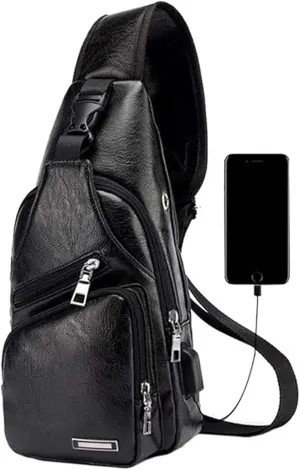 Leather Sling Bag for Men and Women, Waterproof Crossbody Chest Bag with USB Charging Port, Lightweight Daypack for Travel, Work & Outdoor (Black)