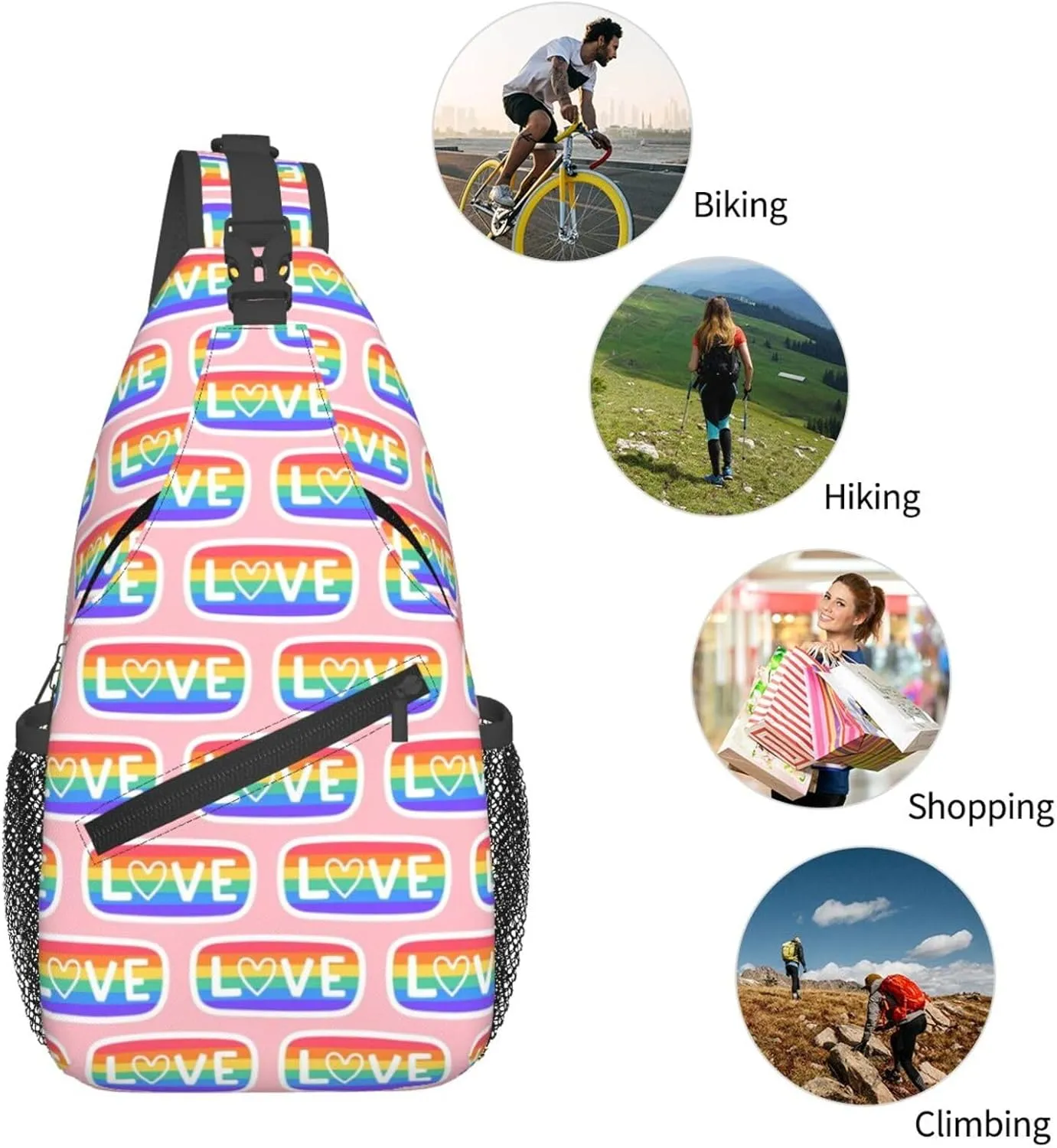 LGBT Gay Pride Love Rainbow Heart Crossbody Bag Adjustable Sling Bag Casual Chest Bags Travel Shoulder Backpack