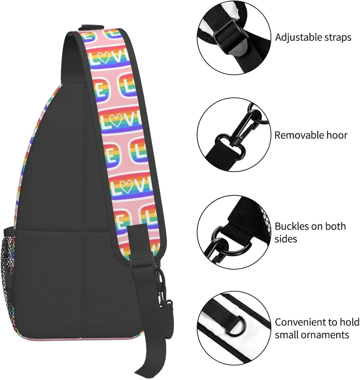 LGBT Gay Pride Love Rainbow Heart Crossbody Bag Adjustable Sling Bag Casual Chest Bags Travel Shoulder Backpack