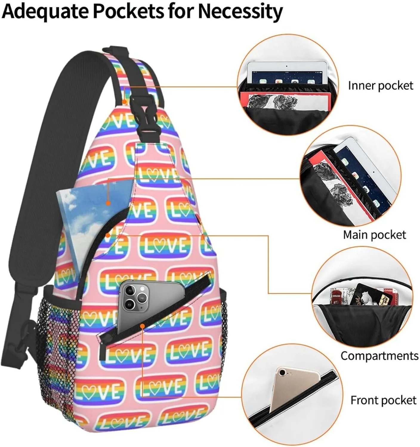 LGBT Gay Pride Love Rainbow Heart Crossbody Bag Adjustable Sling Bag Casual Chest Bags Travel Shoulder Backpack