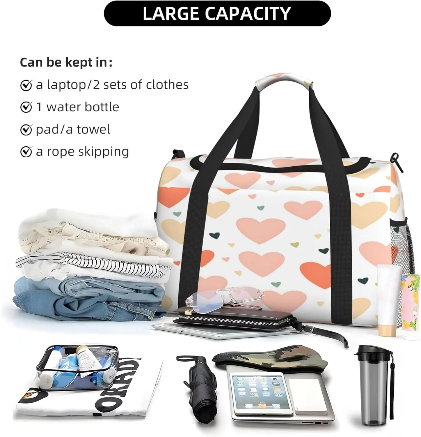 Love Heart Pattern Travel Duffel Bag with Strap Multi Pockets Sports Bag Handbag Large Shoulder Bag for Gym Weekend Fitness Camping