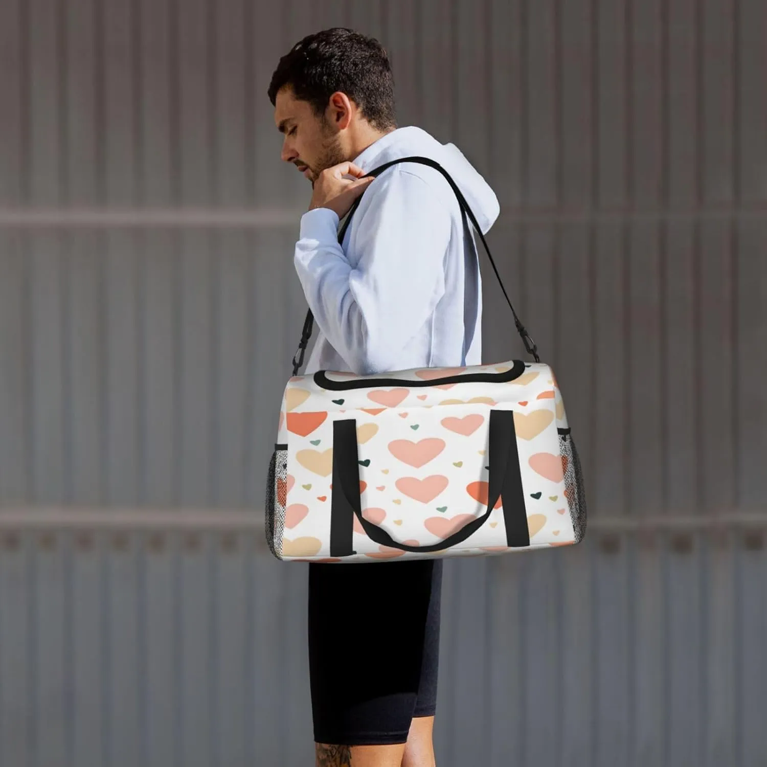 Love Heart Pattern Travel Duffel Bag with Strap Multi Pockets Sports Bag Handbag Large Shoulder Bag for Gym Weekend Fitness Camping