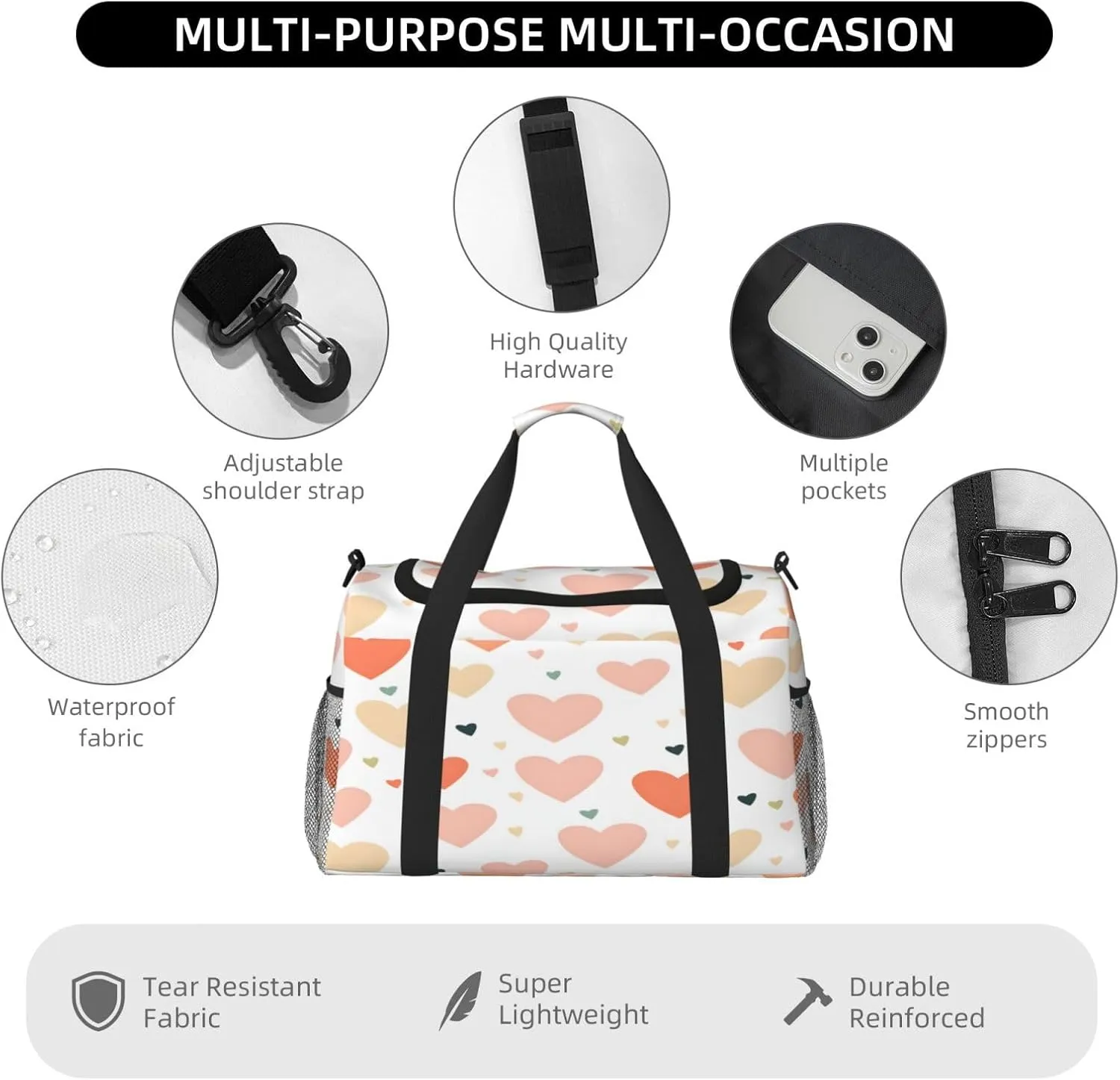 Love Heart Pattern Travel Duffel Bag with Strap Multi Pockets Sports Bag Handbag Large Shoulder Bag for Gym Weekend Fitness Camping