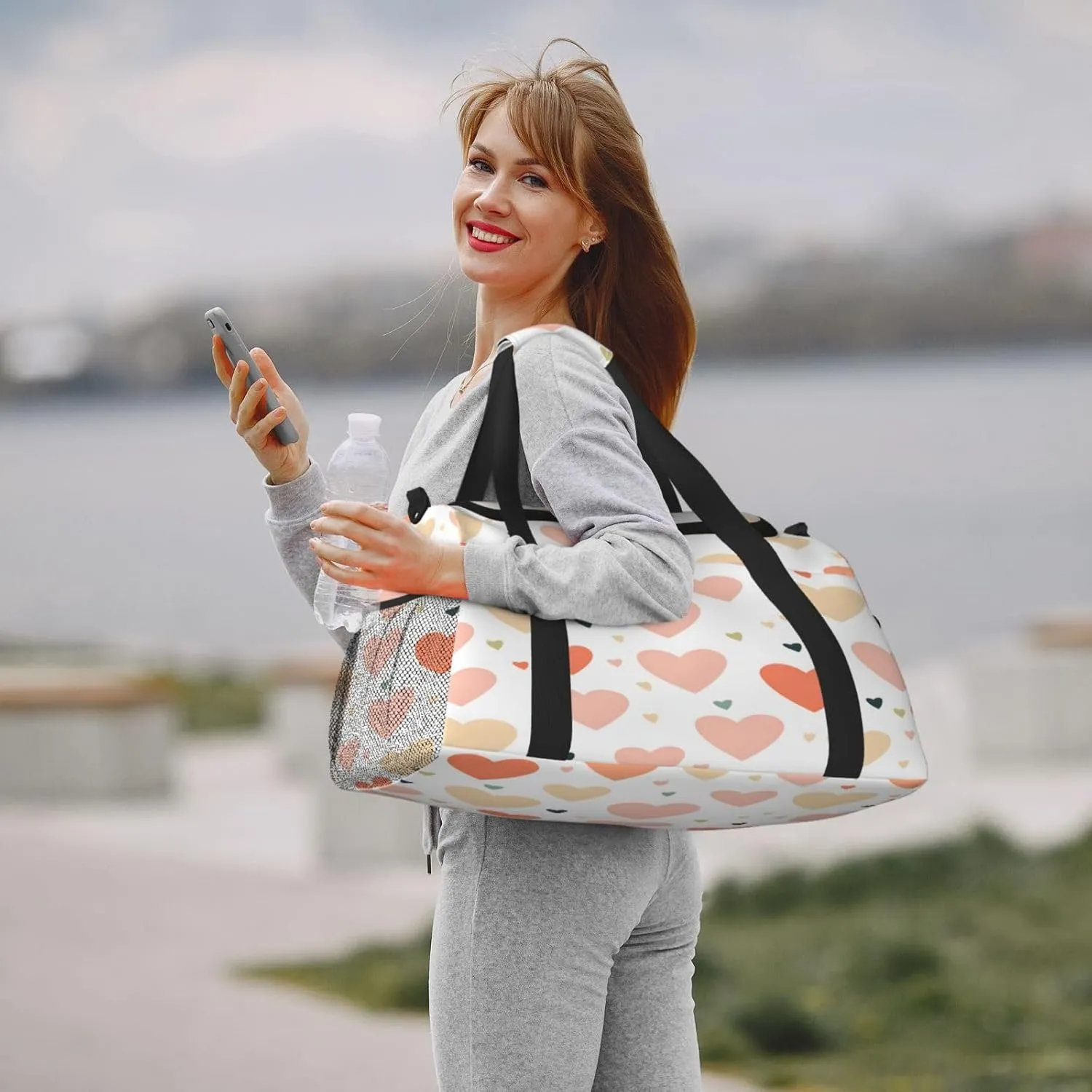 Love Heart Pattern Travel Duffel Bag with Strap Multi Pockets Sports Bag Handbag Large Shoulder Bag for Gym Weekend Fitness Camping