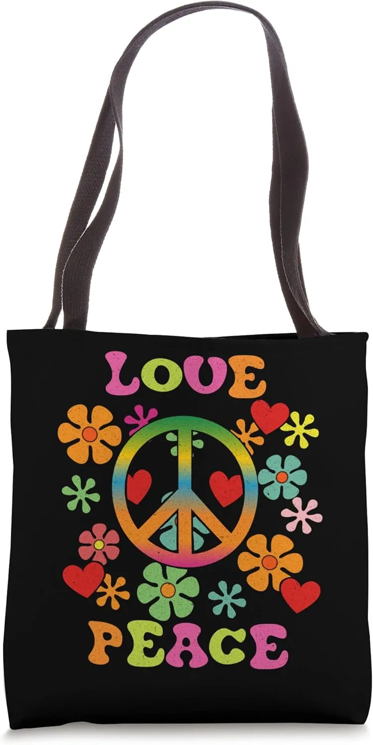 Love Peace Sign Colorful Flowers 60's 70's 80's Hippie Tote Bag