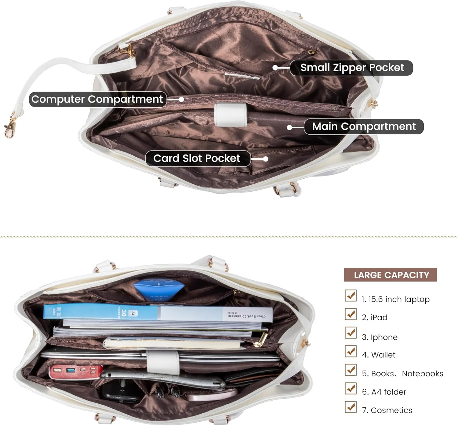 LOVEVOOK Laptop Bag for Women 15.6 Inch Tote Bags Waterproof Leather Briefcase Computer Women Business Office Work Bag,White