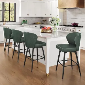 LUE BONA 26 Inch Swivel Bar Stools Set of 4, Counter Height Bar Stools with Back, Upholstered Counter Stools, Faux Leather with Stitching, Metal Legs, Easy Assembly, Green
