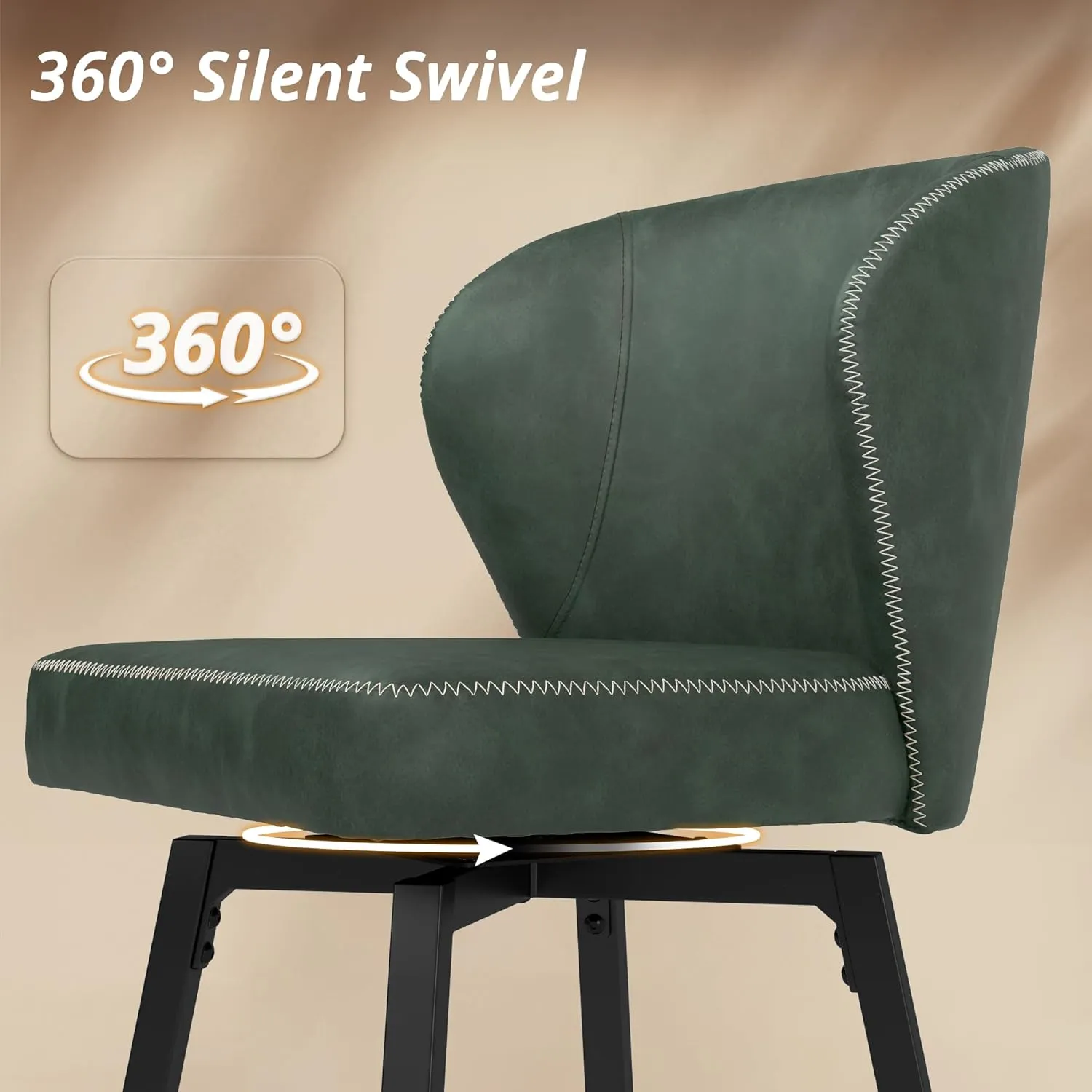 LUE BONA 26 Inch Swivel Bar Stools Set of 4, Counter Height Bar Stools with Back, Upholstered Counter Stools, Faux Leather with Stitching, Metal Legs, Easy Assembly, Green