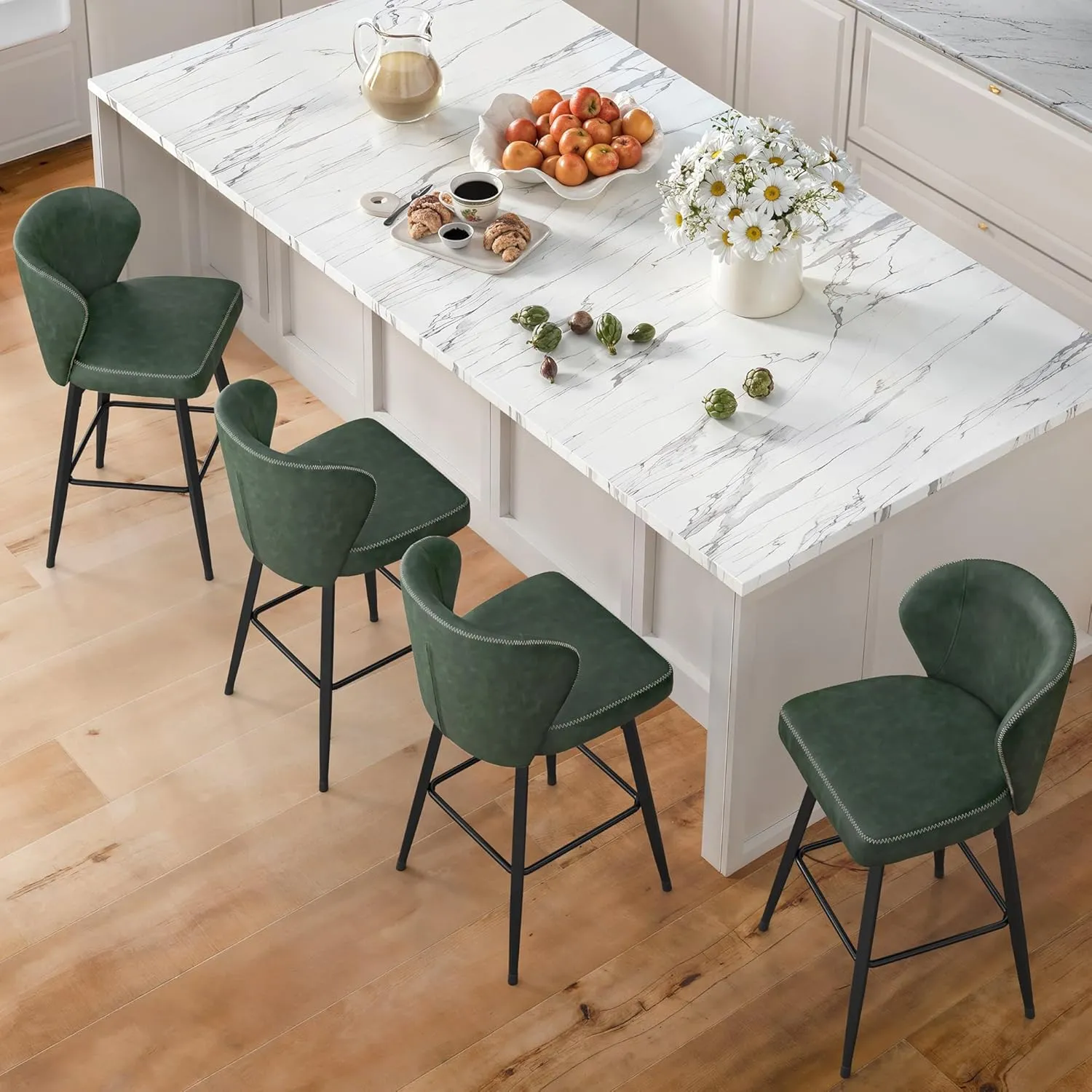 LUE BONA 26 Inch Swivel Bar Stools Set of 4, Counter Height Bar Stools with Back, Upholstered Counter Stools, Faux Leather with Stitching, Metal Legs, Easy Assembly, Green