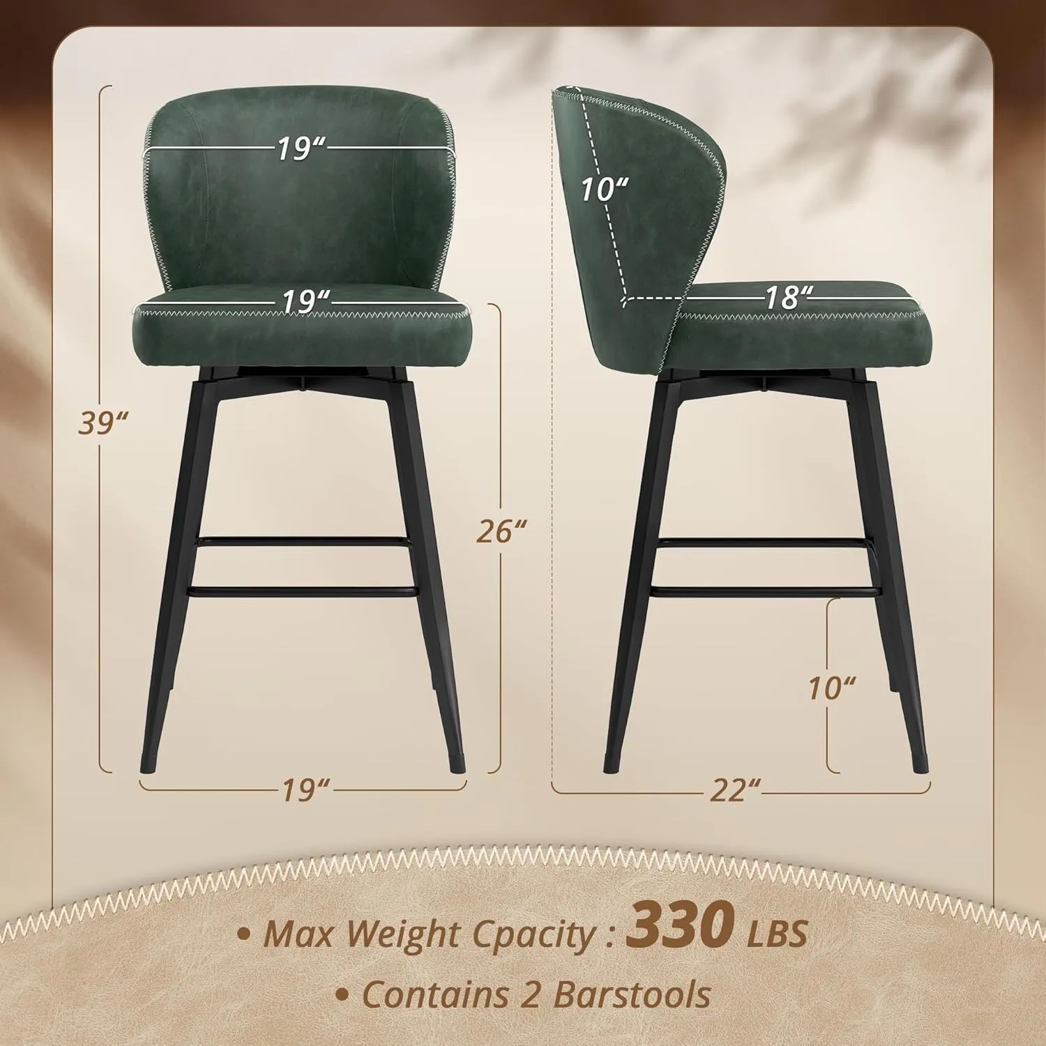 LUE BONA 26 Inch Swivel Bar Stools Set of 4, Counter Height Bar Stools with Back, Upholstered Counter Stools, Faux Leather with Stitching, Metal Legs, Easy Assembly, Green