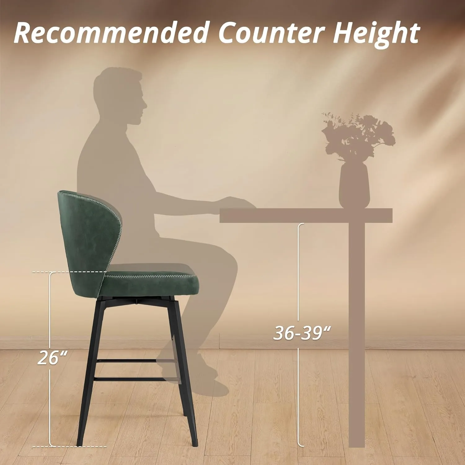 LUE BONA 26 Inch Swivel Bar Stools Set of 4, Counter Height Bar Stools with Back, Upholstered Counter Stools, Faux Leather with Stitching, Metal Legs, Easy Assembly, Green