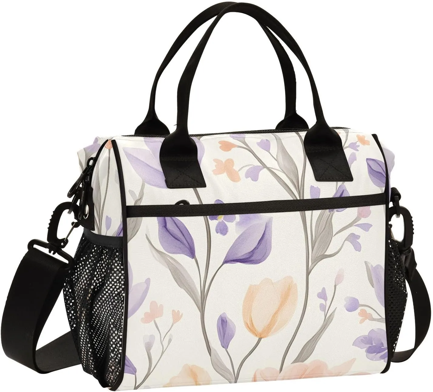 Lunch Bag Box for Women Men, Purple Flesh Flowers Pattern Reusable Insulated Lunch Tote, Leakproof Shoulder Bags Cooler with High Capacity for Work,Picnic,Camping