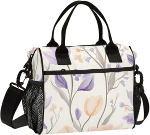 Lunch Bag Box for Women Men, Purple Flesh Flowers Pattern Reusable Insulated Lunch Tote, Leakproof Shoulder Bags Cooler with High Capacity for Work,Picnic,Camping