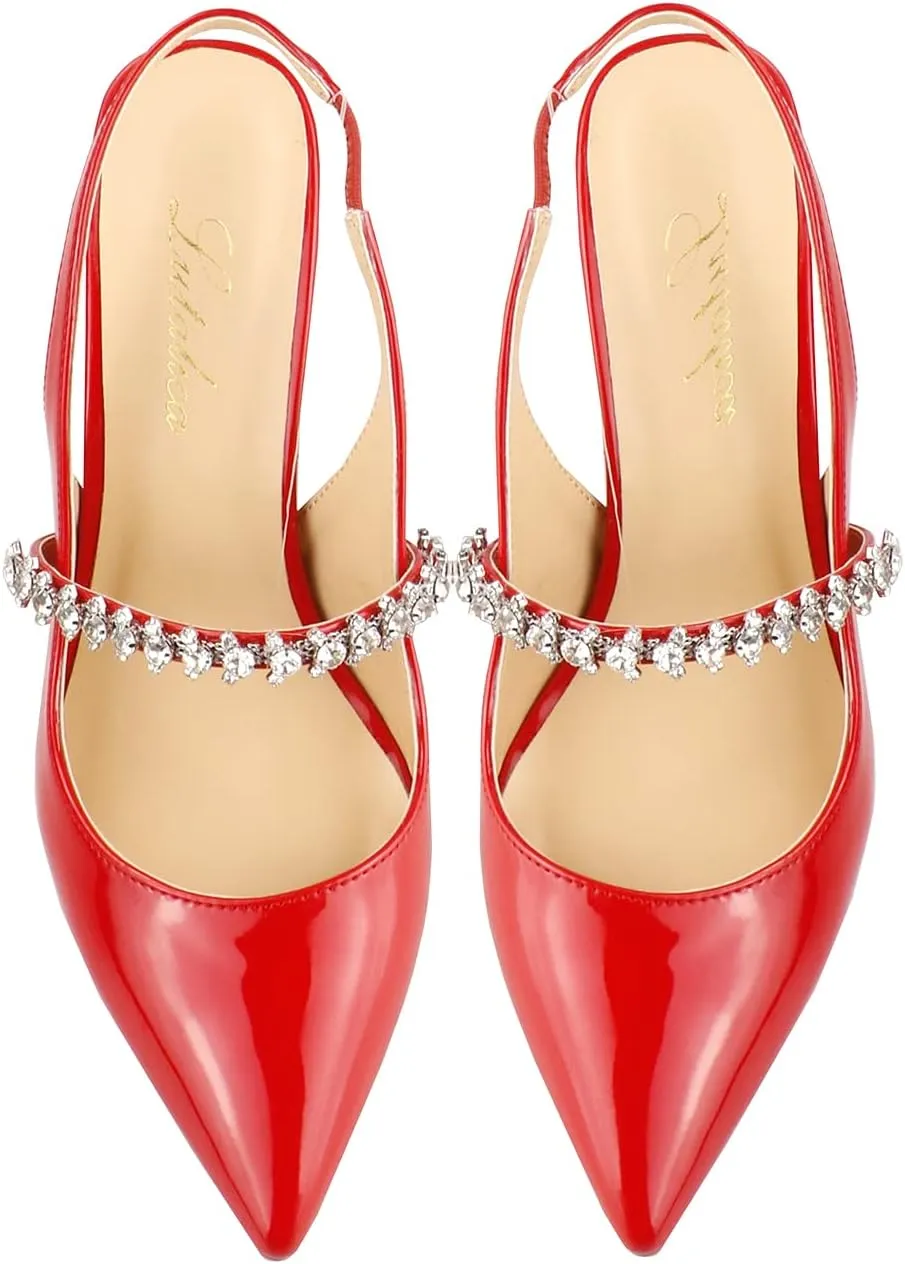 Lutalica W Women's Patent Leather Pointed Toe Glitter Crystal Strappy Mid High Heel Dress Slingback Pumps