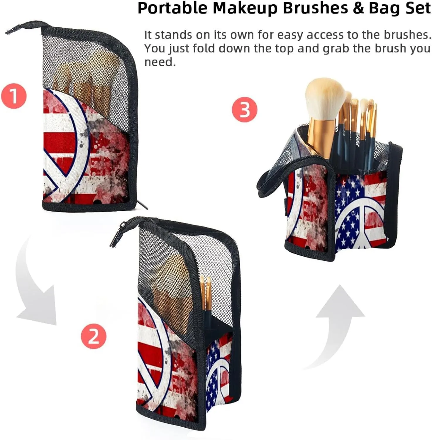 Makeup Bag Organizer,Cosmetic Bags for Women,Vintage American Flag Peace Love Sign,Small Makeup Pouch