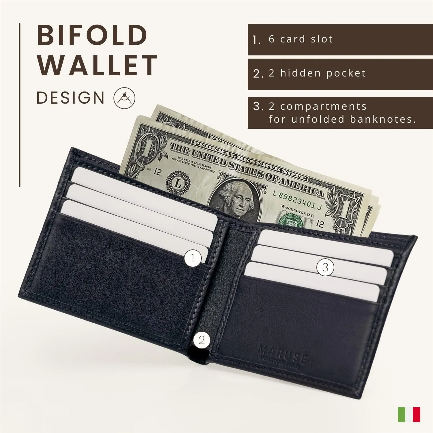 Maruse Bifold Wallet - Slim Leather Wallet – Genuine Italian Calf Leather Wallet – Elegant and Classy – Versatile and Minimalist Wallet for Men – Convenient Interior Pockets – Exquisite Present, Navy