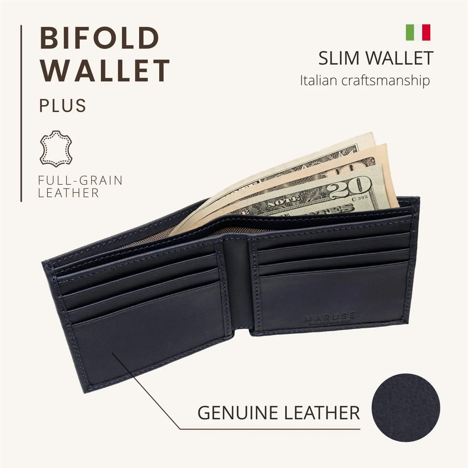 Maruse Bifold Wallet - Slim Leather Wallet – Genuine Italian Calf Leather Wallet – Elegant and Classy – Versatile and Minimalist Wallet for Men – Convenient Interior Pockets – Exquisite Present, Navy