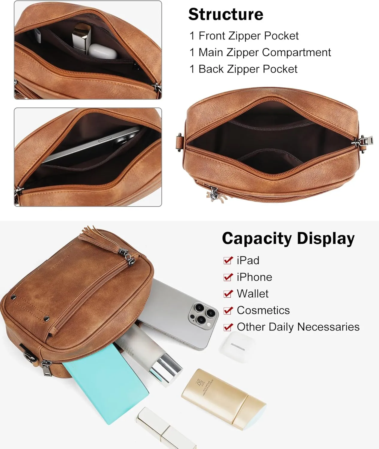 MASINTOR Crossbody Bags for Women Vegan Leather, Trendy Shoulder Purse with Adjustable Strap and Tassel