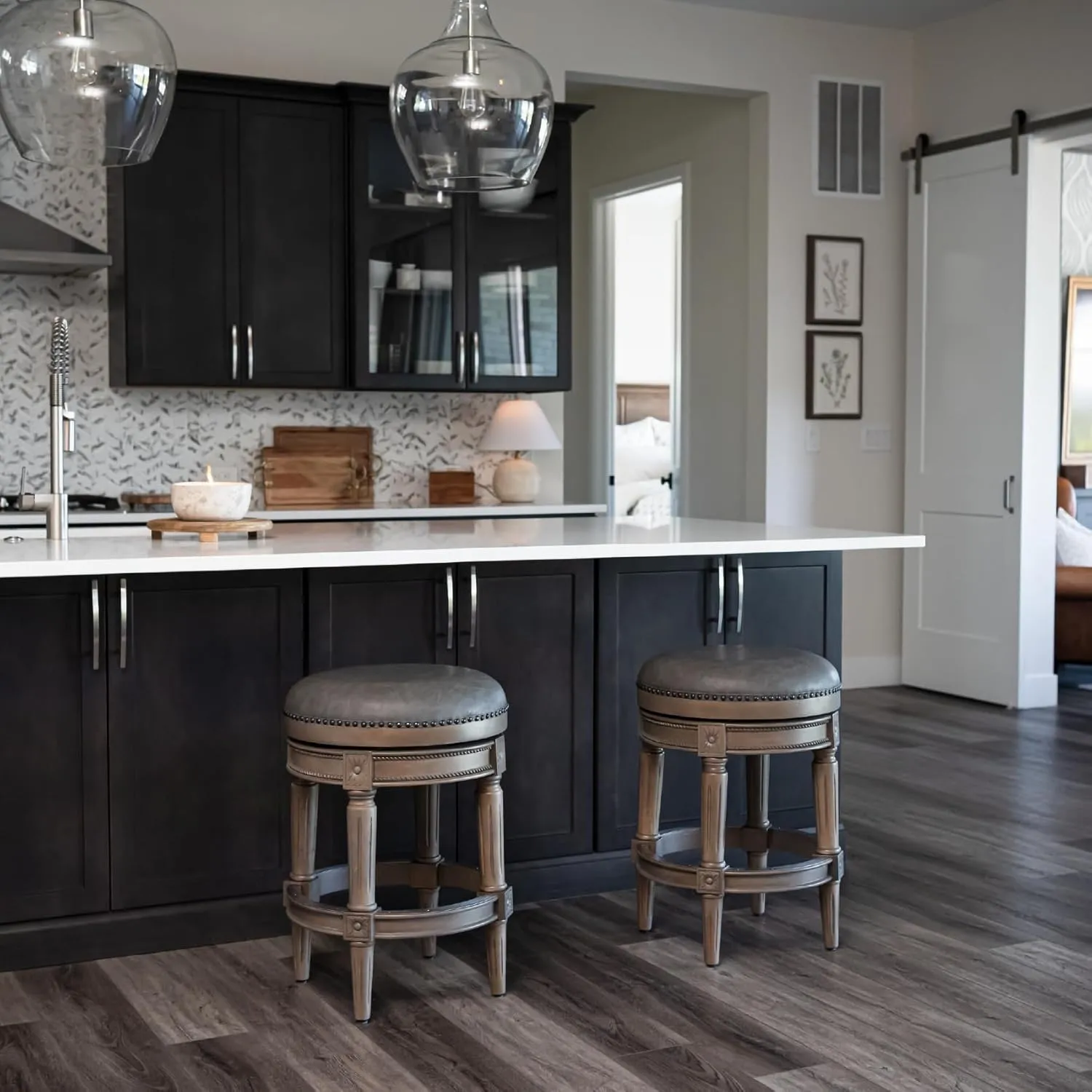Maven Lane 26" Pullman Backless Counter Height Stool - Handcrafted Swivel Counter Stool with Reclaimed Oak Finish and Ronan Stone Vegan Leather - Ideal for Kitchens, Breakfast Bars, and Dining Areas