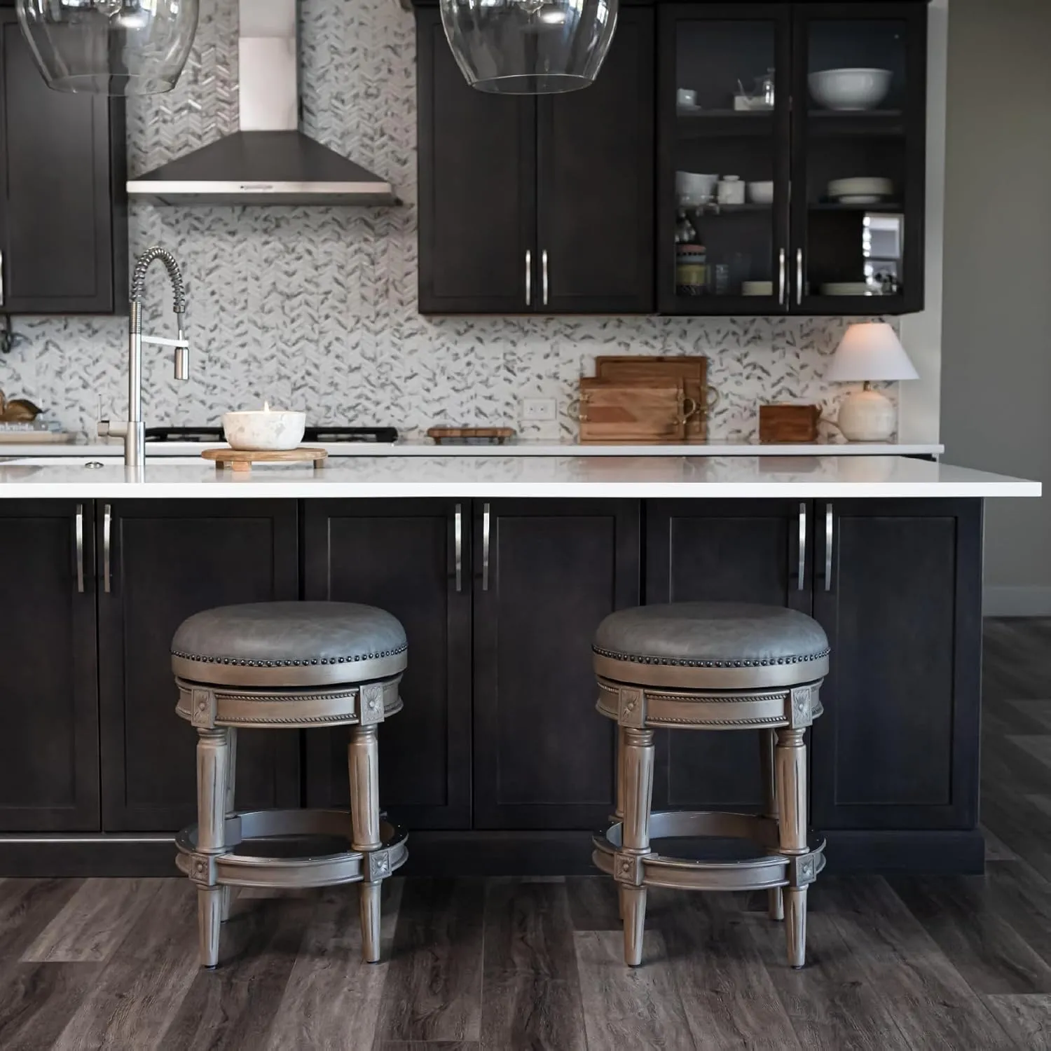Maven Lane 26" Pullman Backless Counter Height Stool - Handcrafted Swivel Counter Stool with Reclaimed Oak Finish and Ronan Stone Vegan Leather - Ideal for Kitchens, Breakfast Bars, and Dining Areas